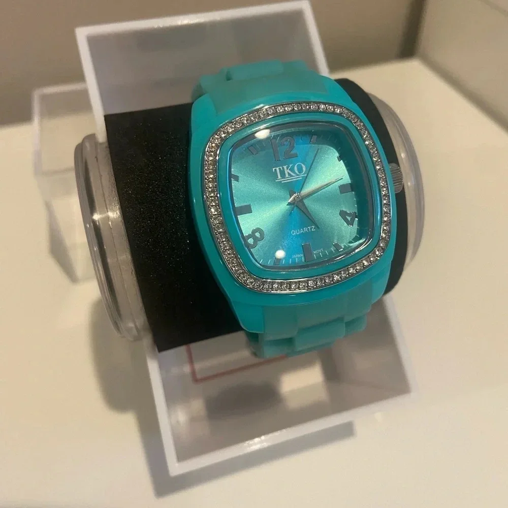 TKO Square Face Watch with‎ Silicone and Rhinestones Aqua Blue EUC